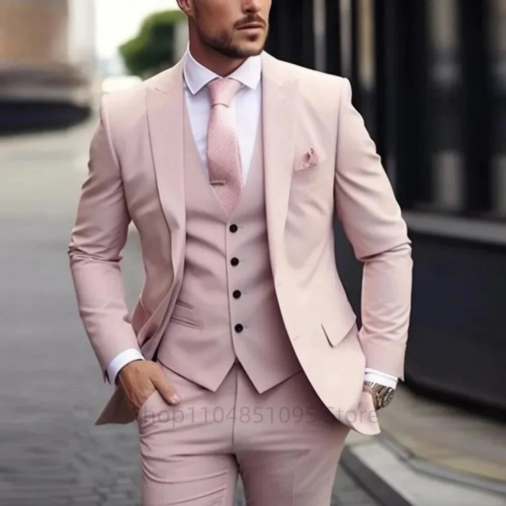 Elegante Men's Grey Slim Fit Tuxedo 3-Piece Smoking Suit with Peak Lapel Blazer Vest Pants for Wedding Party