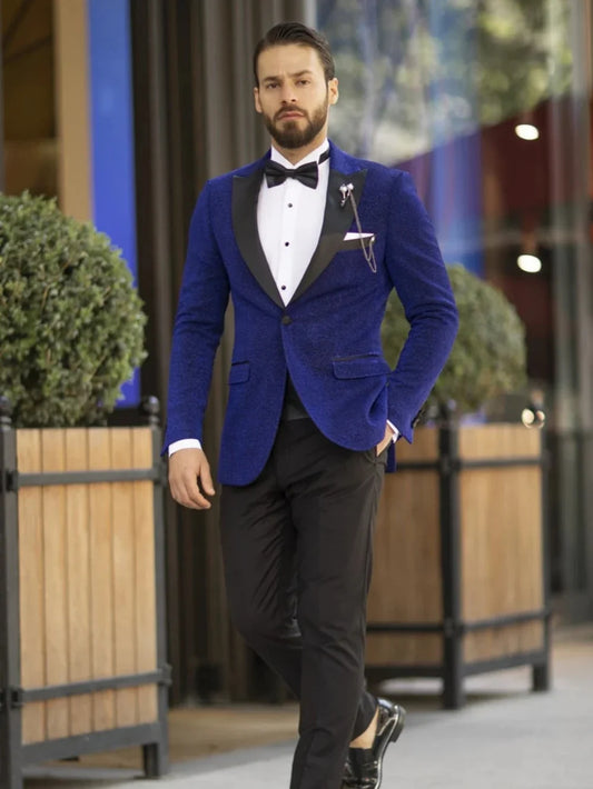 Casual Blue Men's Formal Slim Fit 2 Pieces Jacket Pants Prom Wear High Quality One Button Man Tuxedo Wedding Groom Sets