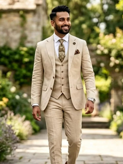 New Linen Men's Suits 3 Pieces Summer Beach Wedding Outfit Casual Breathable Notched Lapel Slim Fit Tuxedo For Birthday Party