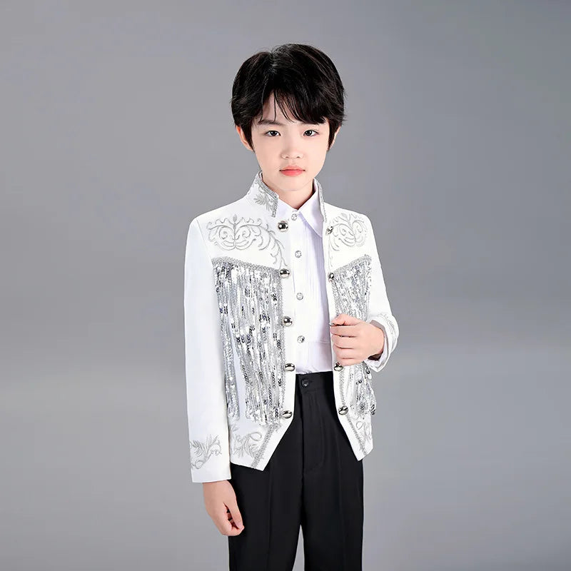 Boys Sequenant 2 Pieces/Set Jacket Pants Embroidery Paino Host Performance Dress Kids Stage Show Photography Suit Children's Set