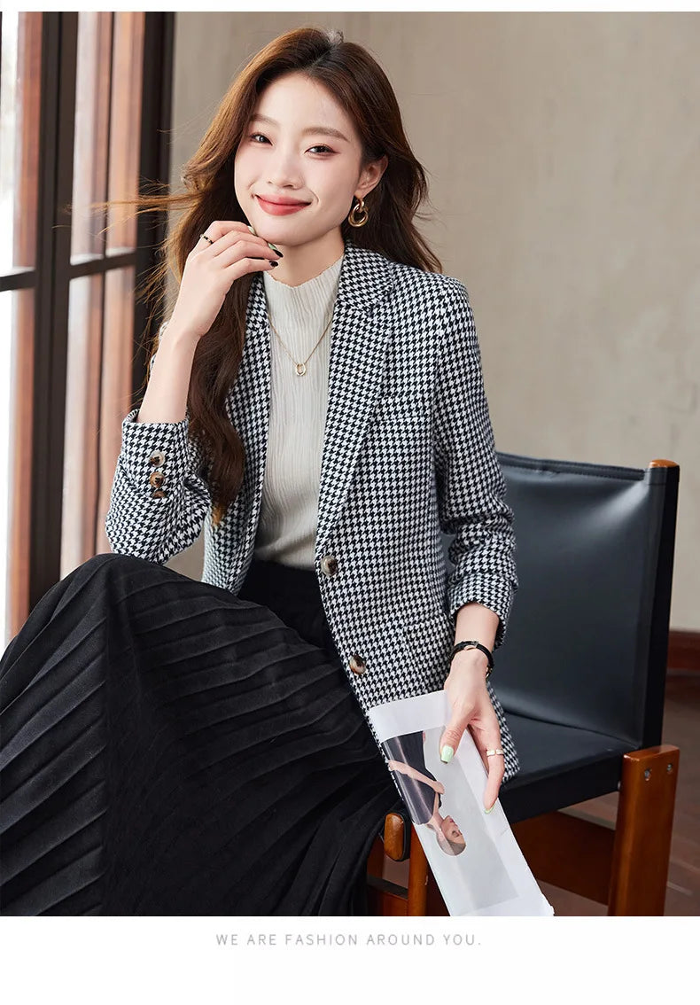 Women Office Ladies Single Breasted Slim Blazer Coat Autumn Winter Fashion Plaid Temperament Long Sleeved Elegant Tops Vacation