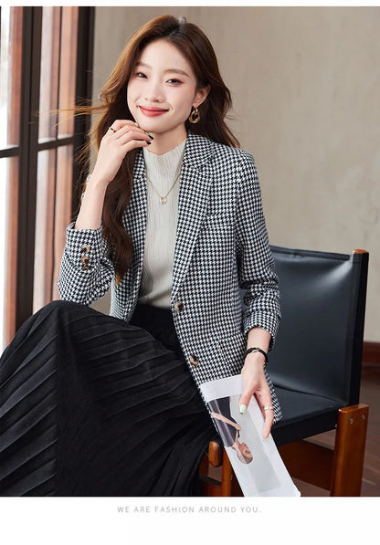 Women Office Ladies Single Breasted Slim Blazer Coat Autumn Winter Fashion Plaid Temperament Long Sleeved Elegant Tops Vacation