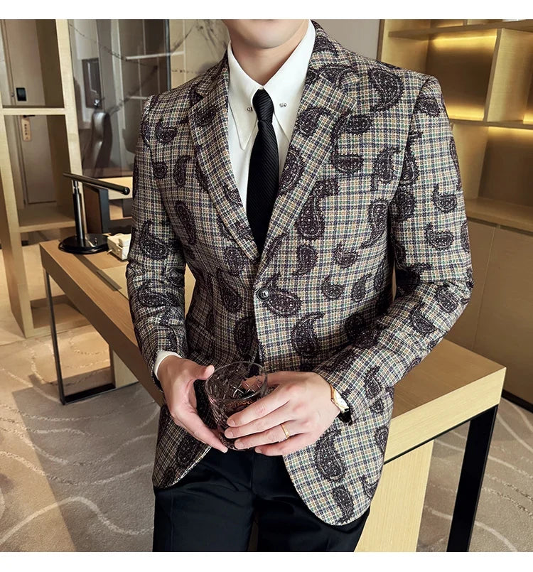 2025 Fashion Embroidery Jacquard Suit Jacket Korean Style Slim Fit Business Formal Social Prom Party Tuxedos Men Clothing 5XL-M