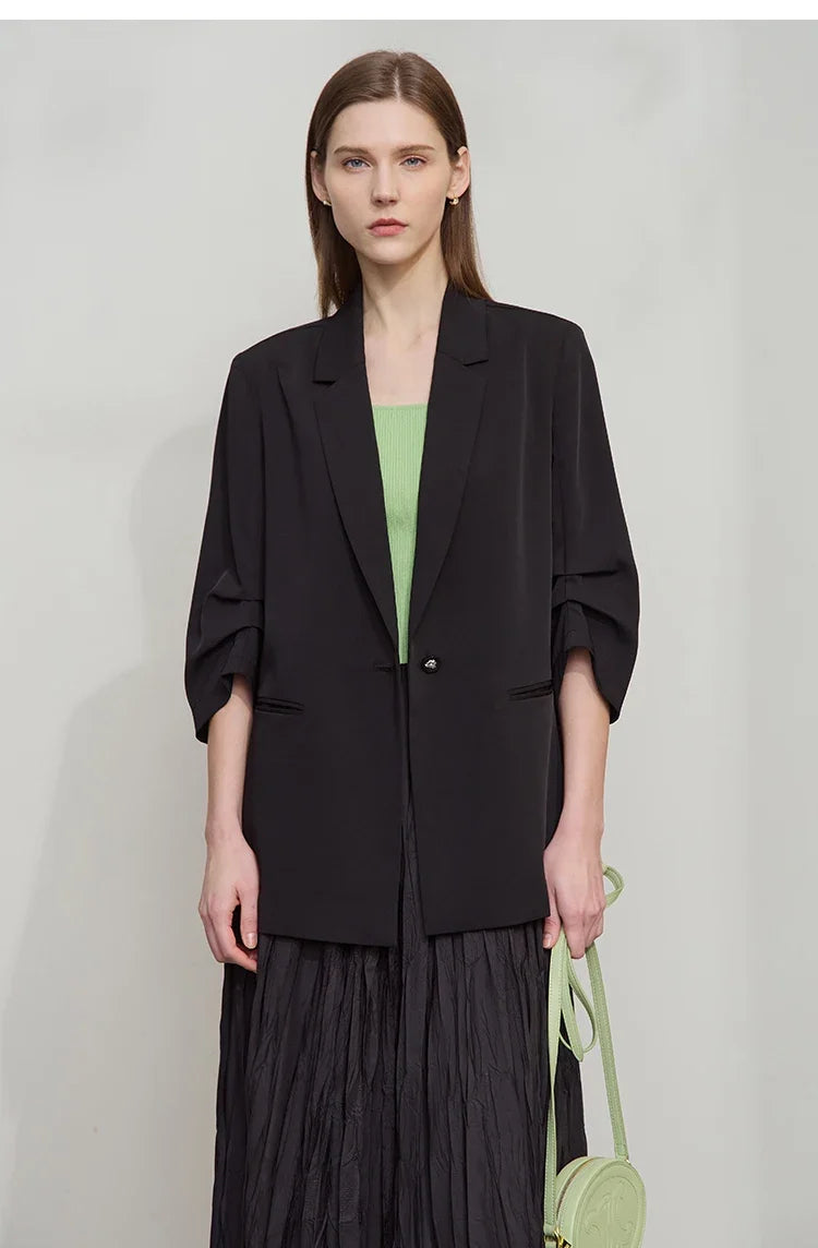 Minimalist Women's Blazer Mujer 2025 Autumn New Solid Loose Seven-quarter Sleeve Lapel Button Commuter Suit Jacket 12512019