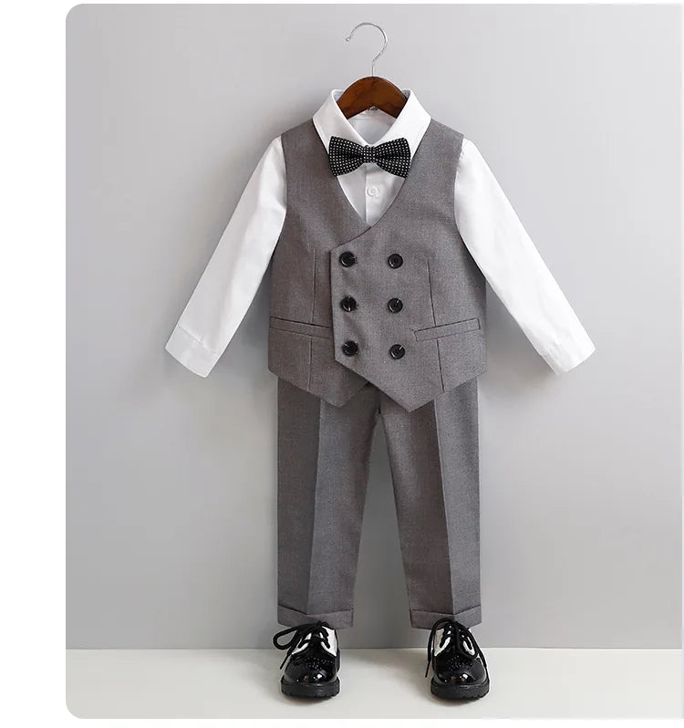 Flower Boys Gray Wedding Suit Set Kids Formal Birthday Photography Outfit Children's Piano Host Performance Costume