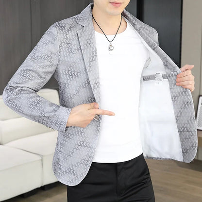 Korean Fashion Suit Jacket Men Slim Fit Geometric Printed Casual Business Blazers Autumn Social Groom Hairstylist Uniform Jacket