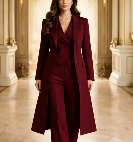 New Womens Burgundy 3 Pcs Longcoat Suit Elegant Wedding Guest Power Women's Suit Mariage (Jacket+Vest+Pants)