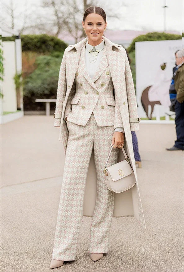 Chic Houndstooth Women Suits 3 Piece & Only Jacket Peak Lapel Formal Casual Prom Party Pants Sets Long Coat Blazer Pants