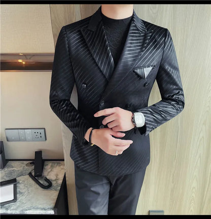 British Style Double Breasted Suit Jacket Men Striped Casual Business Blazers High Quality Wedding Social Banquet Dress Coats