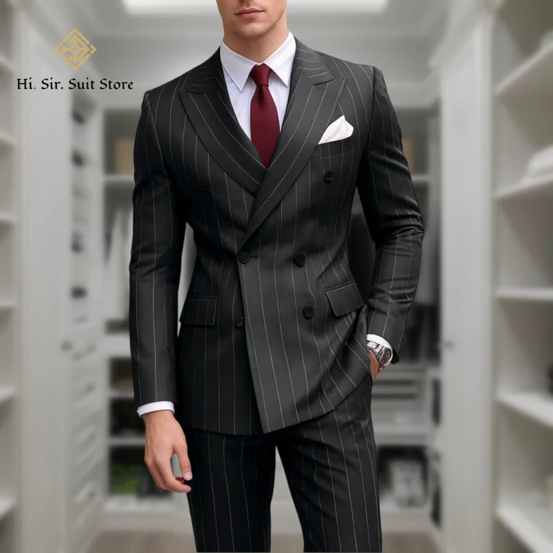 Men's 2-Piece Slim Fit Double-Breasted Striped Suit Set for Men – Wedding, Business & Formal Occasions
