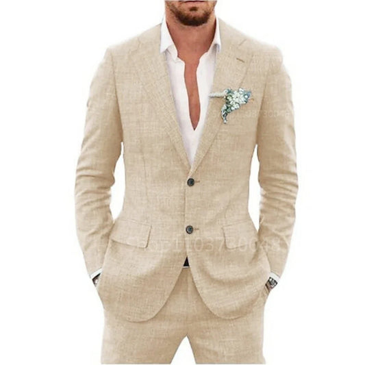 Costume décontracté 2 pièces beige/bleu en lin pour homme, revers cranté, coupe ajustée, blazer et pantalon, de haute qualité, pour mariage de plage ou bal de promo d'été