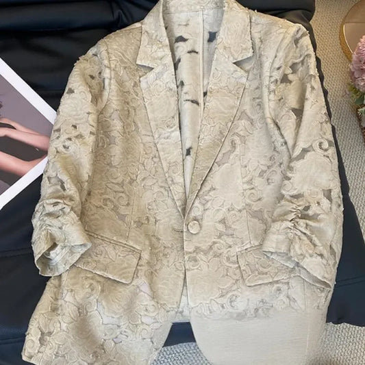 Women Spring Summer New Style Thin Flower Hollow Out Blazers Fashion Three-Quarters Sleeve Jacket Suit Collar Single Button Coat