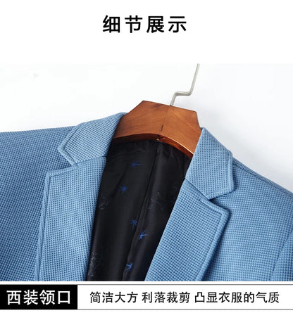 New men's suit jacket with non-stretch flat collar, waffle pattern, for business casual and fitted formal wear.