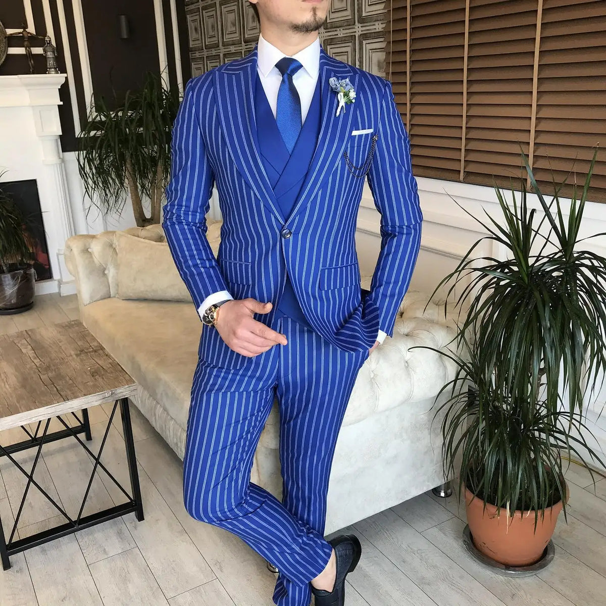 Men's Suit 3 Pieces Blazer Vest Pants One Button Peaked Lapel Pinstripes Formal Business Blue Slim Wedding Groom Costume Homme