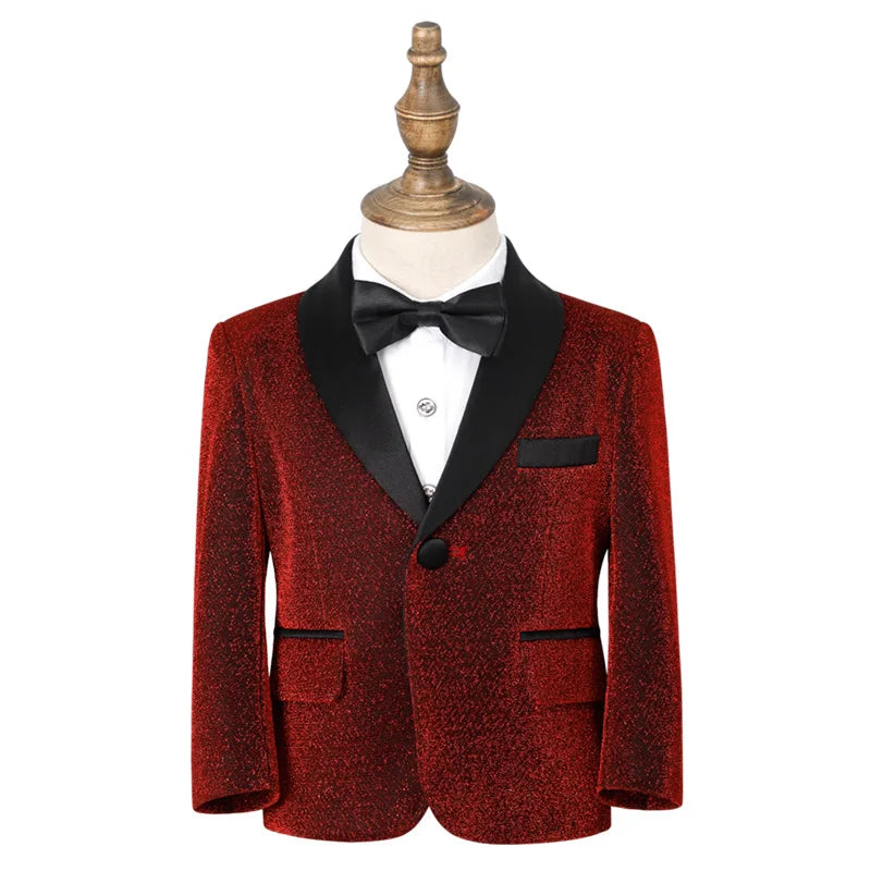 Kids Red Shining Jacket Pants Bowtie 3Pieces Suit Set 1-11Years Boys Formal Wedding Birthday Party Piano Performance Costume