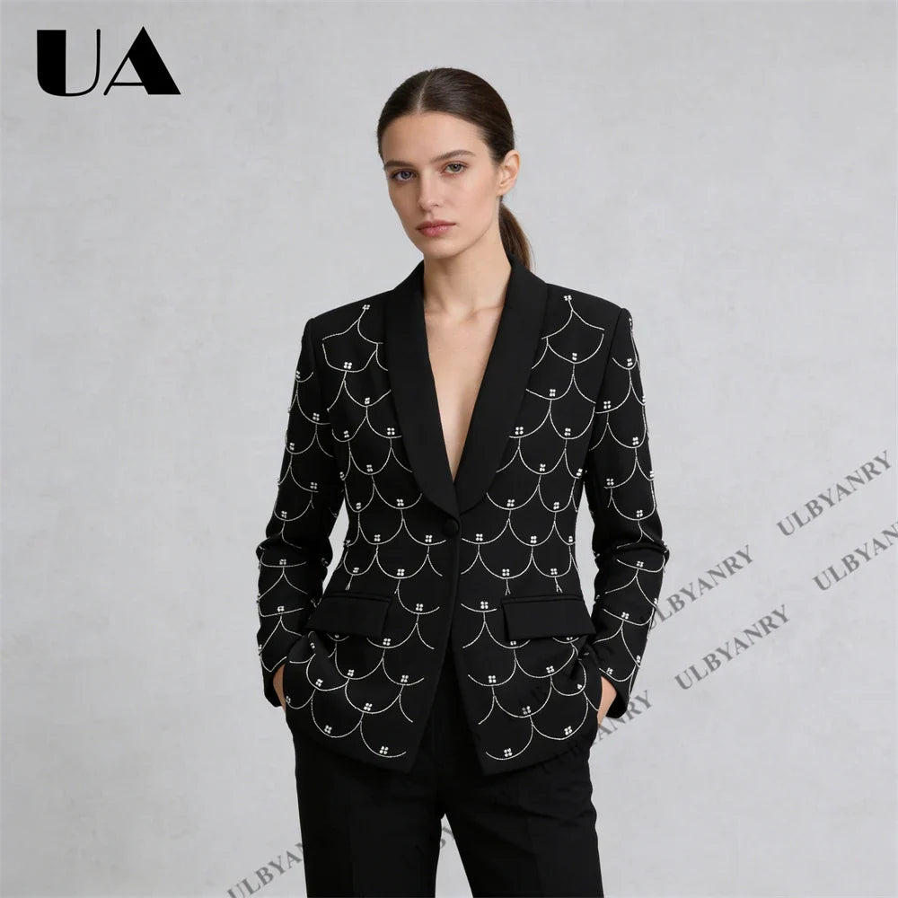 Women's Black Blazer with Silver Fish Scale Sequins, Slim Fit One Button Casual Business Jacket for Party Evening Prom