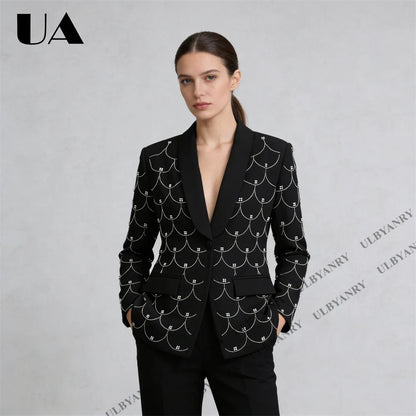 Women's Black Blazer with Silver Fish Scale Sequins, Slim Fit One Button Casual Business Jacket for Party Evening Prom