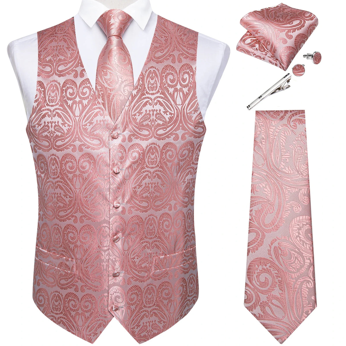 Men's Suit Vest Set with Tie, Handkerchief & Cufflinks for Wedding & Banquet