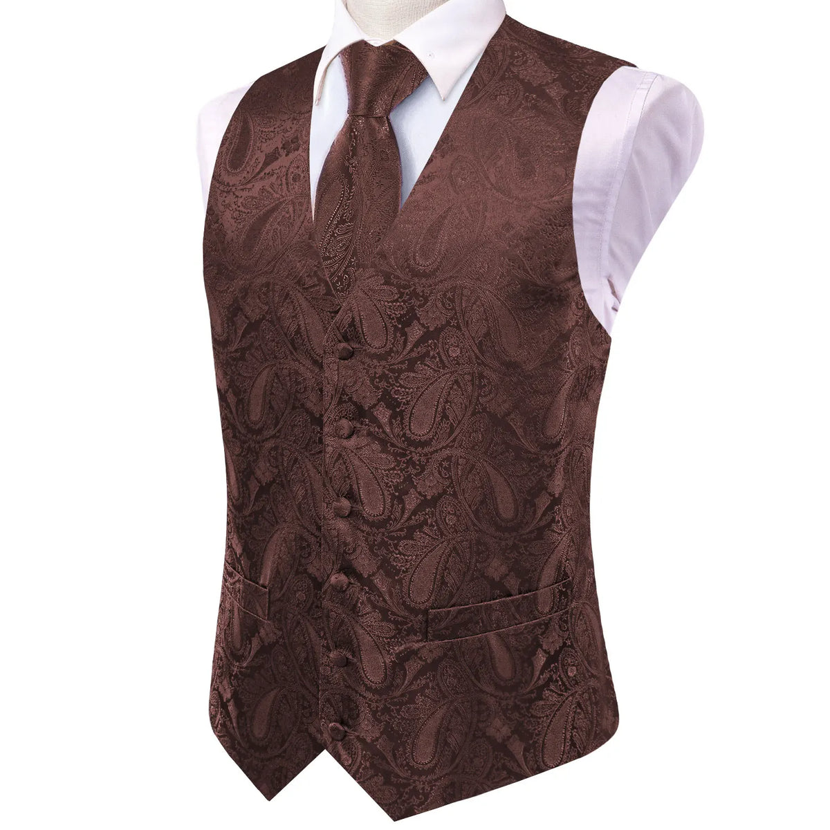 Men's V-Neck Vest 5-Piece Matching Set Coffee Paisley for Banquet & Anniversary