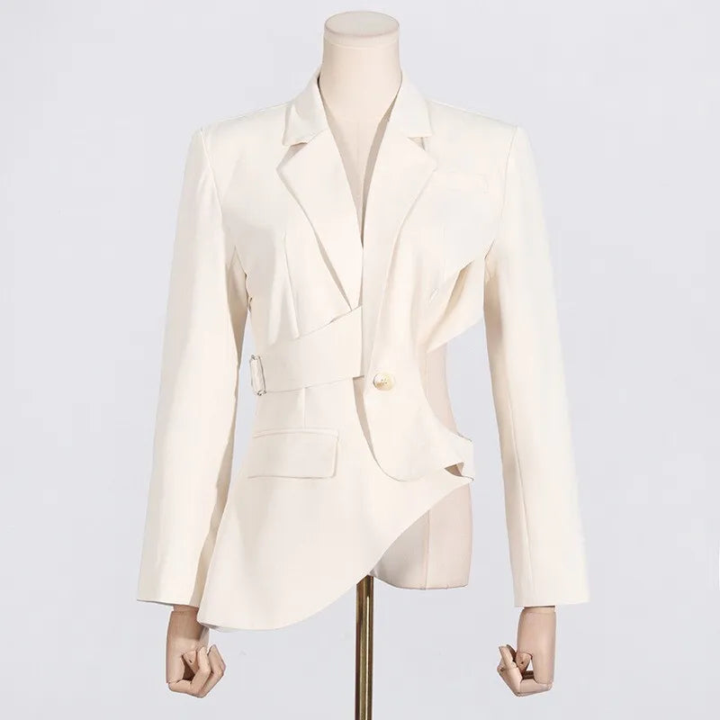Women's Trendy Elegant High Street Hollow Out Design Pocket Slim Fit Coat Stylish Chic Asymmetric Long Sleeve Blazer HK8293