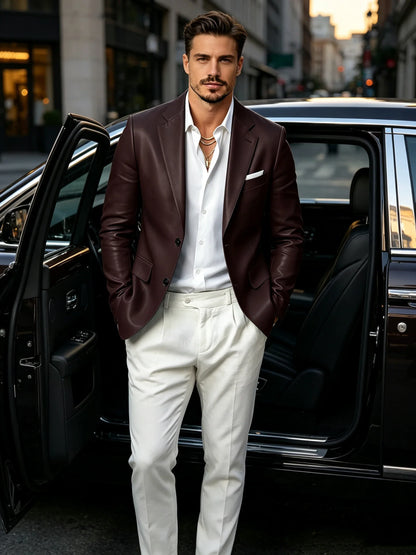 Men's Faux Leather Blazer Slim Fit 2 Button Notched Lapel Suit Jacket Business Formal Leather Sport Coat For Wedding Party