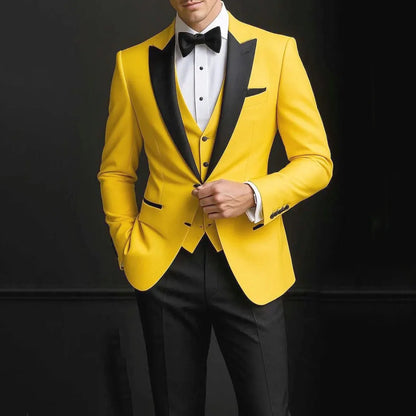 Men Suit 3 Pieces Beige Single Button Bright Lapel For Wedding Banquet Birthday Business Work Tuxedo Jacket Vest Black Pants