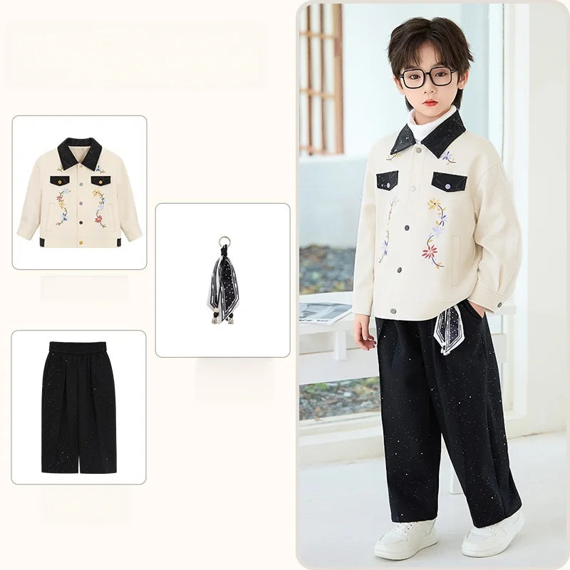 2026 New Autumn Winter Boys' Embroidered Suit Set 90-170 Children's Casual Jackets Pants 2Pieces Clothing Set