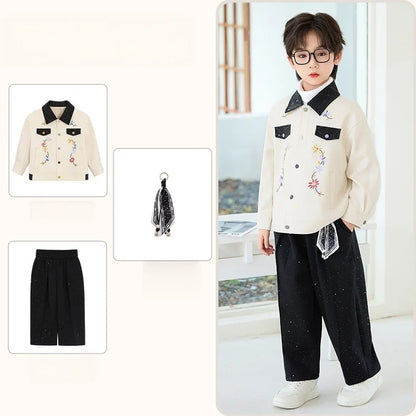 2026 New Autumn Winter Boys' Embroidered Suit Set 90-170 Children's Casual Jackets Pants 2Pieces Clothing Set