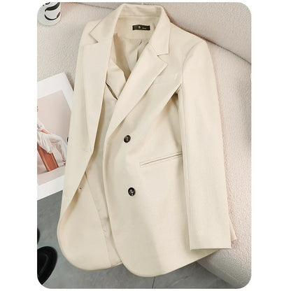 Autumn Winter 2024 New Apricot Coffee Black Elegant Double Breasted Blazer Top And Women High Waist Wide Leg Pant Two Piece Set