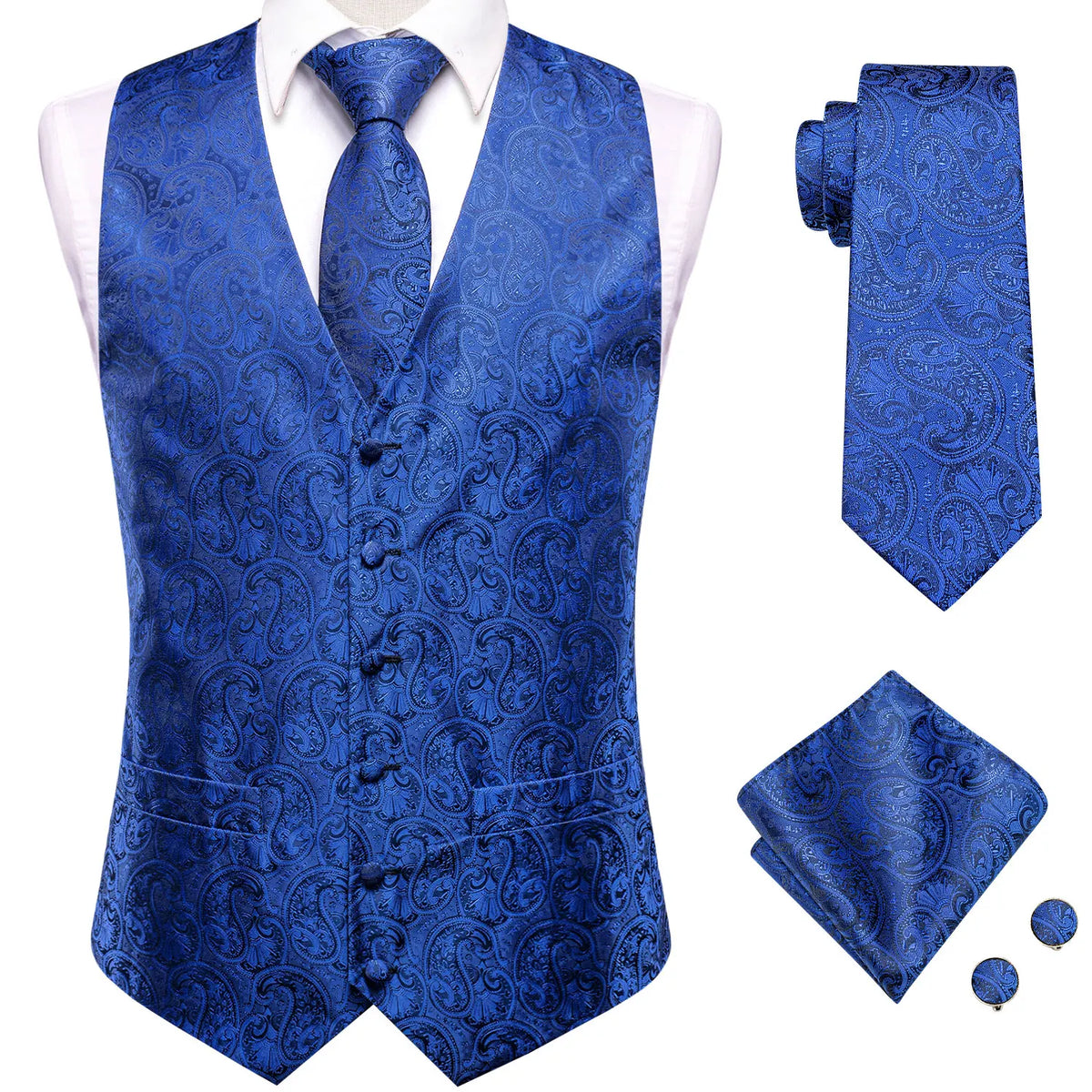 Men's Waistcoat Suit Set with Jacquard Floral Vest, Tie, Hanky & Cufflinks for Wedding and Business