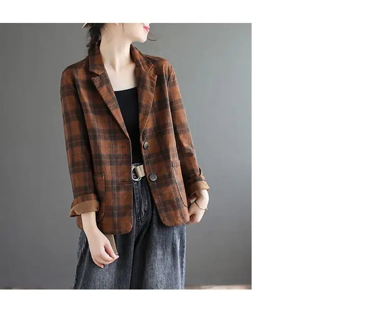Fashion Chic Cotton Plaid Blazer Female Spring and Autumn New Literary Retro Elegant Commuter Small Incense Wind Jacket Women