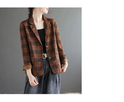 Fashion Chic Cotton Plaid Blazer Female Spring and Autumn New Literary Retro Elegant Commuter Small Incense Wind Jacket Women