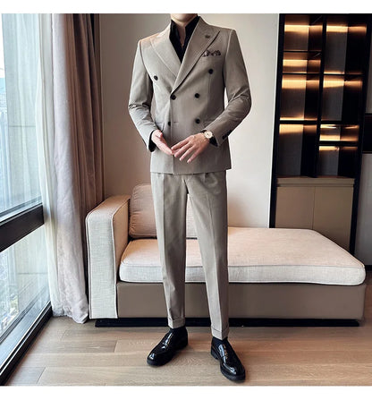 (Blazer + Trousers) Fashion Double Breasted Design Slim Men's Suit Italian Style Luxury Wedding Social Party Tuxedo 2 Piece Set