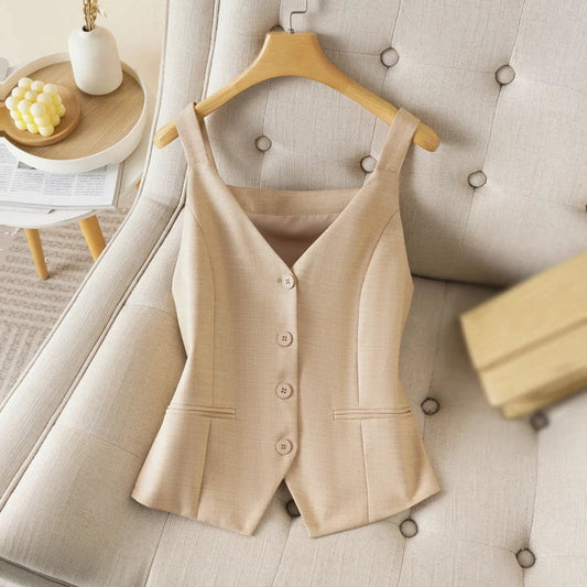 Women's Suspender-Style Suit Vest for Spring and Summer, Single-Breasted, Slim-Fit, Flattering Top, Can Be Worn Alone or Layered