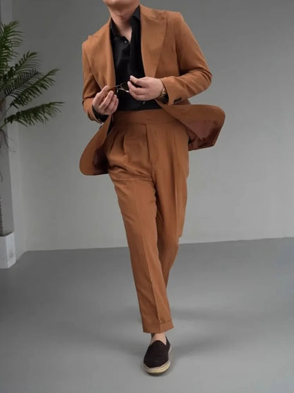 Vintage Business Men Work Suit Set High Quality Cotton Linen Blazer Jacket Pants Two Piece Set Slim Fit Groom Wedding Dress Suit