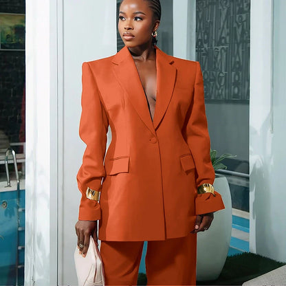 Elegant Women's Suit Autumn New Red Clothing Single Button Notch Lapel Blazer Pant Sets Formal Slim Fit Office Party Outerwears