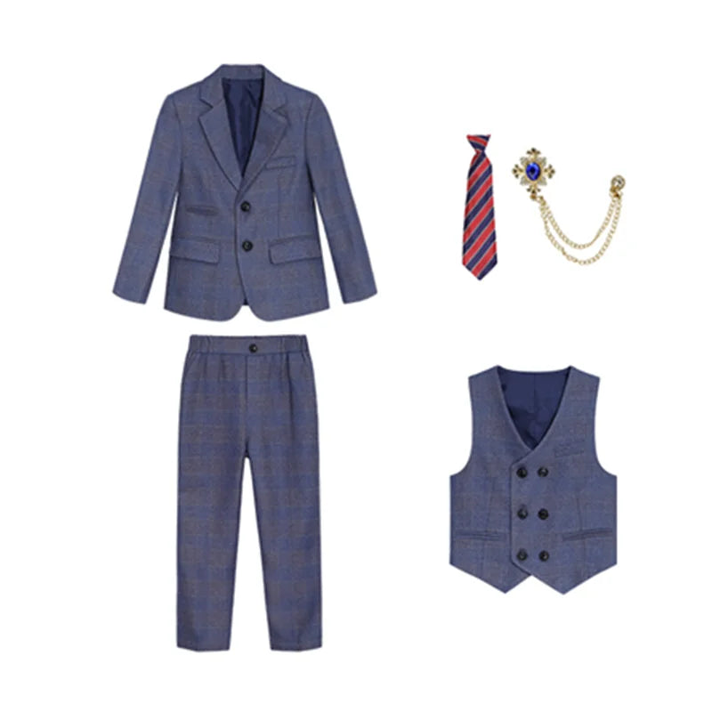 High Quality Boys Plaid Wedding Suits Kids Morning Coat Formal Dress Child Tuxedos Blazer Clothes Sets Toddler School Uniforms