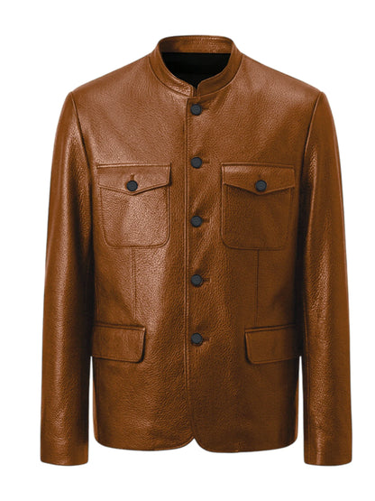 Men Premium Leather-Like Stand Collar Jacket Single Breasted Casual Multi-Pocket Slim Fit Business Outerwear
