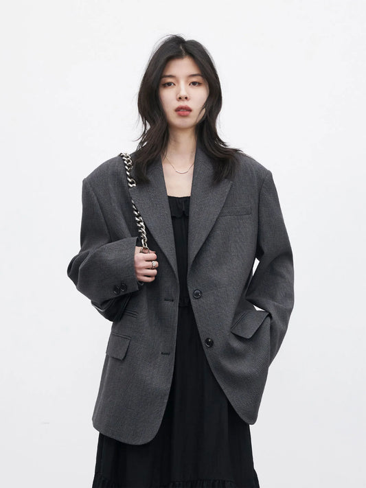 Korean Women Blazers Loose Casual New Retro Plaid Single Breasted Mid Length Ladies Jacket Coat Spring Autumn 2026
