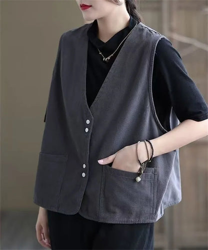 Korean Ladies Solid Color Casual Sleeveless Jacket Autumn Women V-neck Loose Waistcoat Coat Spring Female Fashion Vest Outwear