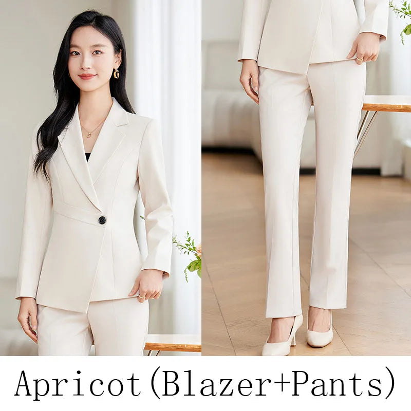 Elegant Green Apricot Black Ladies Pant Suit Women Female Business Work Wear Jacket and Trouser Blazer 2 Piece Set