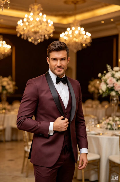 Classic Style 3 Piece Slim Fit Dark Burgundy Men's Tuxedo Suit Shawl Lapel Single Breasted Blazer Vest Pants Set for Party Groom