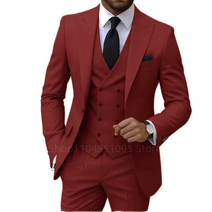 Solid Color Fashion Men Formal Business Suits Wedding Suit Slim Fit Groom Tuxedos 3 Pcs Set Dress Peak Lapel Blazer Vest Pants