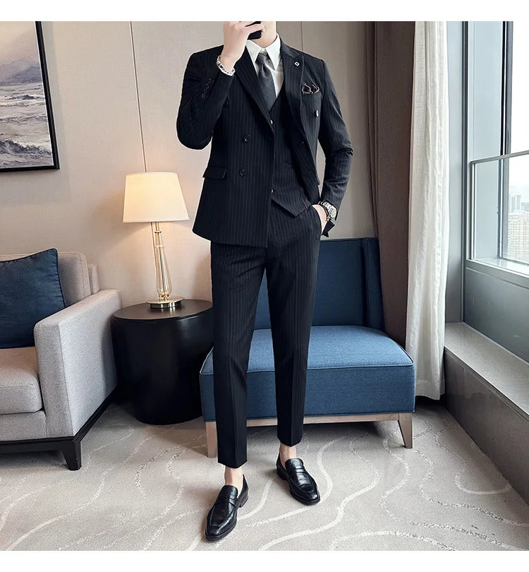 (Jacket + Vest + Pants)Three Piece Set Men Blazers Set stripe Suits Busines Casual Slim Fit Formal Dress Groom Tuxedo Wedding