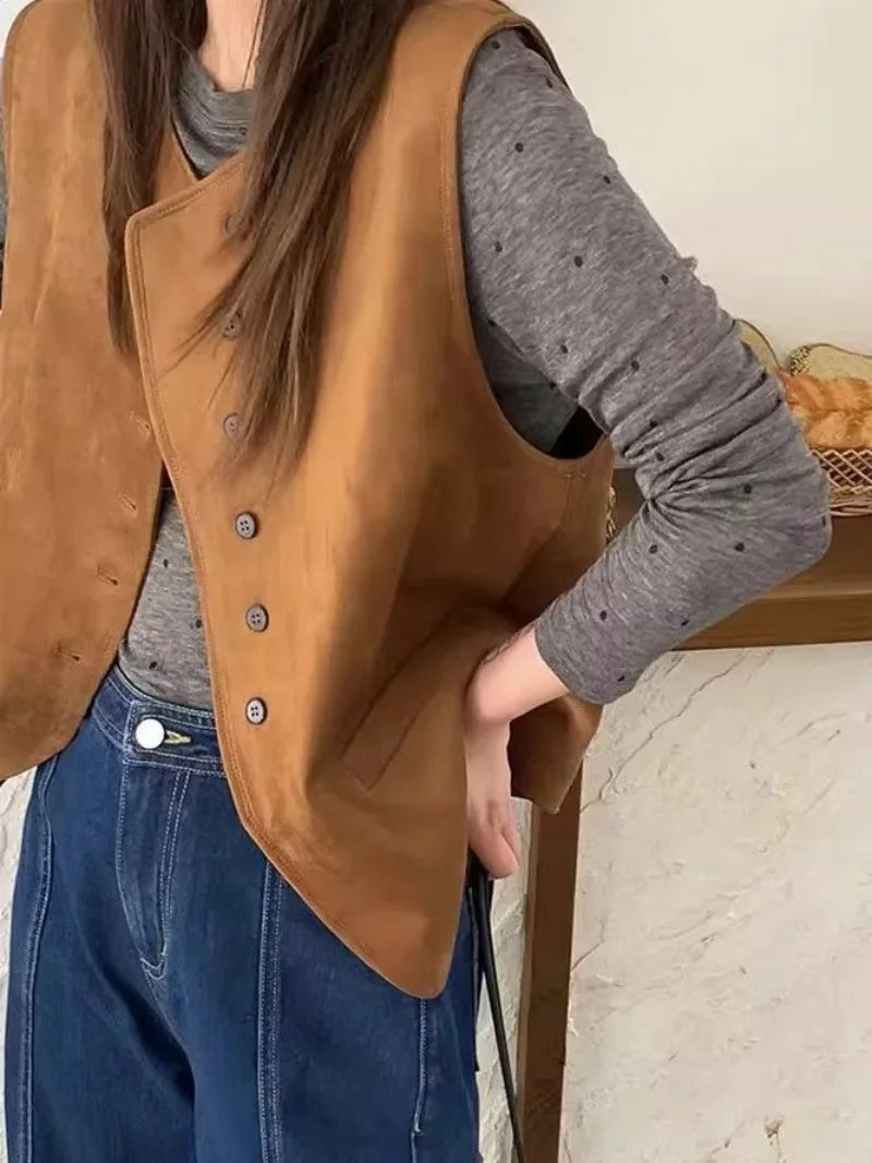Spring Autumn Suede Sleeveless Vest For Women New O-Neck Single Breasted Waistcoat Female Korean Loose Short Vest Jacket