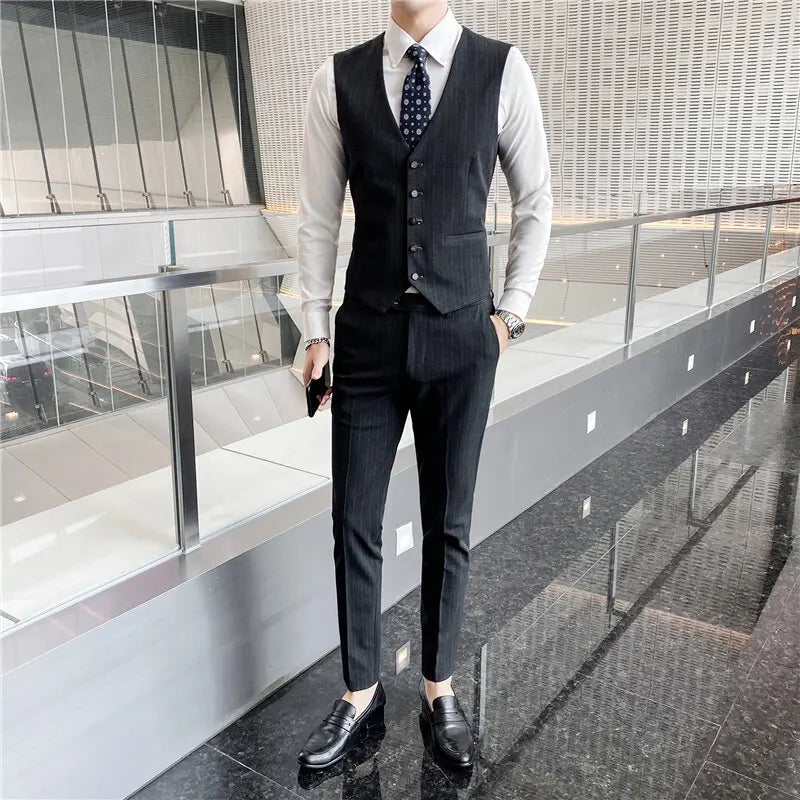 Men's High-End Three-Piece Suit Set Korean Style Slim-Fitting Business Casual Jacket Groom's Fashionable Wedding Party Wear