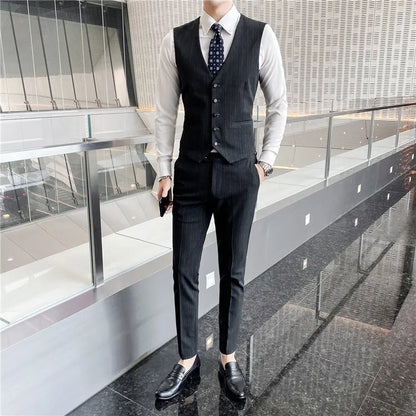 Men's High-End Three-Piece Suit Set Korean Style Slim-Fitting Business Casual Jacket Groom's Fashionable Wedding Party Wear