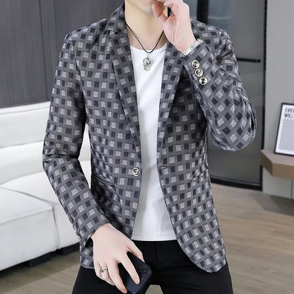 2026 Spring Autumn Men's Suit Jacket Korean Checkered Suit Jackets Slim Fit Fashion Casual Business Formal Blazers Costume Homme
