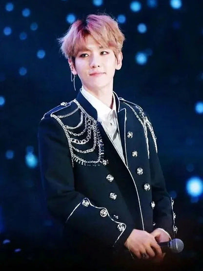 Men's Punk Style Court Jacket with Epaulet Metal Tassel Blazer for Nightclub Singer Dancer Performance Outerwear Stage Wear