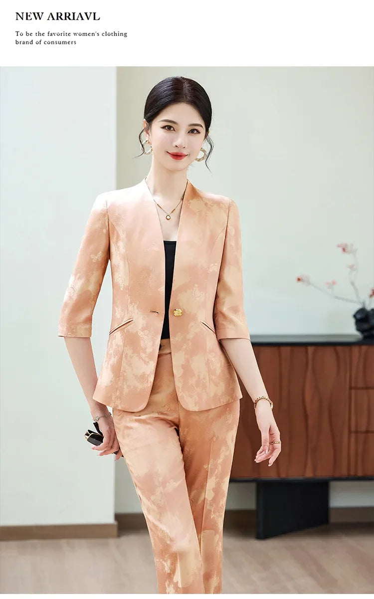 Fashion Office Ladies Blazer and Pants Suit Formal V Neck Half Sleeve Women Jacket Trouser Women Business Work Wear 2 Piece Set